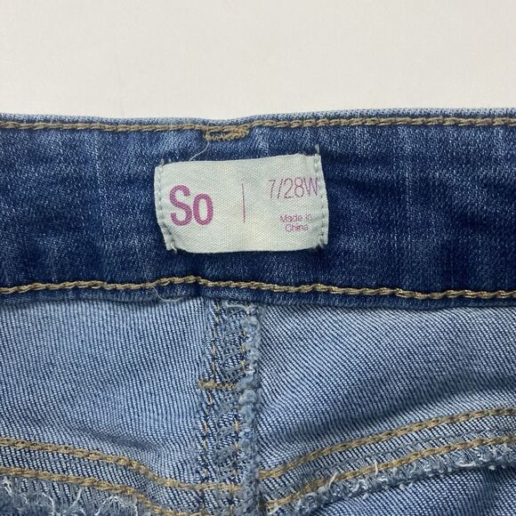 SO Midi Denim Blue Jean Skirt Button Front Size 7/28 Medium Wash Slit Stretch - Picture 4 of 8